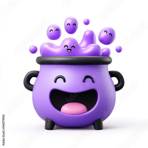 Joyful Cartoon Cauldron with Purple Liquid and Happy Steam - 3D Halloween Illustration on White Background