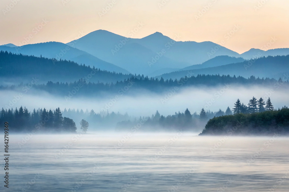 Fototapeta premium Serene mountain lake landscape with dense fog and lush trees at sunrise or sunset