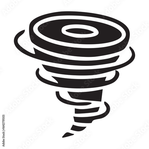 Monochrome tornado icon illustration. A stylized twister symbol representing a powerful storm, cyclone, or hurricane.