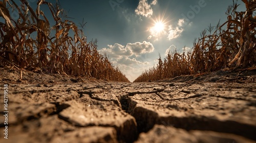 Drought scenes with parched soil, dry crops, and intense sunlight, ideal for climate change, water crisis, and agriculture content