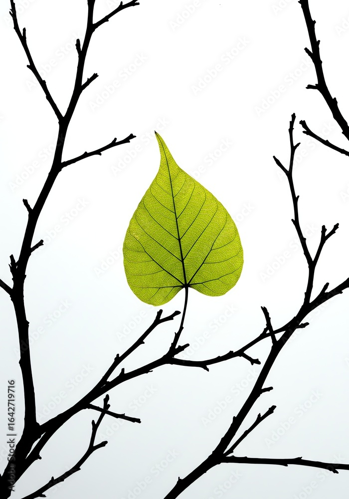 Fototapeta premium Green Heart-shaped Leaf on Black Bare Tree Branches in Minimalist Nature Scene