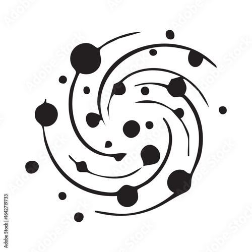 Minimalist vector icon of a spinning galaxy or atomic particle vortex with orbiting bodies on a white background.