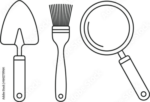 Archaeology tools vector illustration shovel brush magnifier