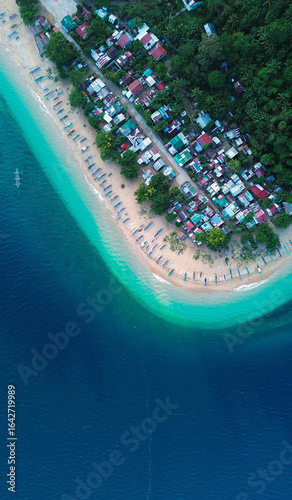 Tropical paradise shoreline with outrigger boats and crystal-clear sea.