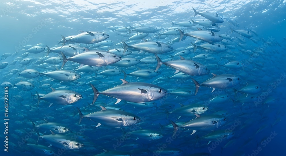 Obraz premium A mesmerizing underwater scene featuring a large school of fish swimming gracefully through the clear blue ocean waters together as one.