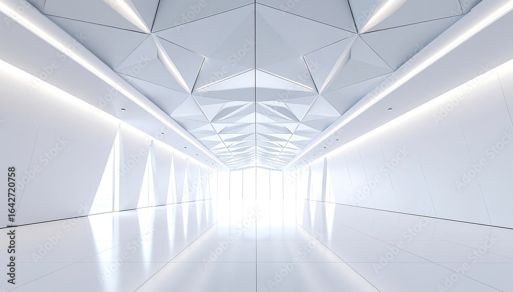 Fototapeta premium A bright white corridor lined with numerous mirrors reflecting light, creating an illusion of spaciousness and depth, enhancing the modern aesthetic.
