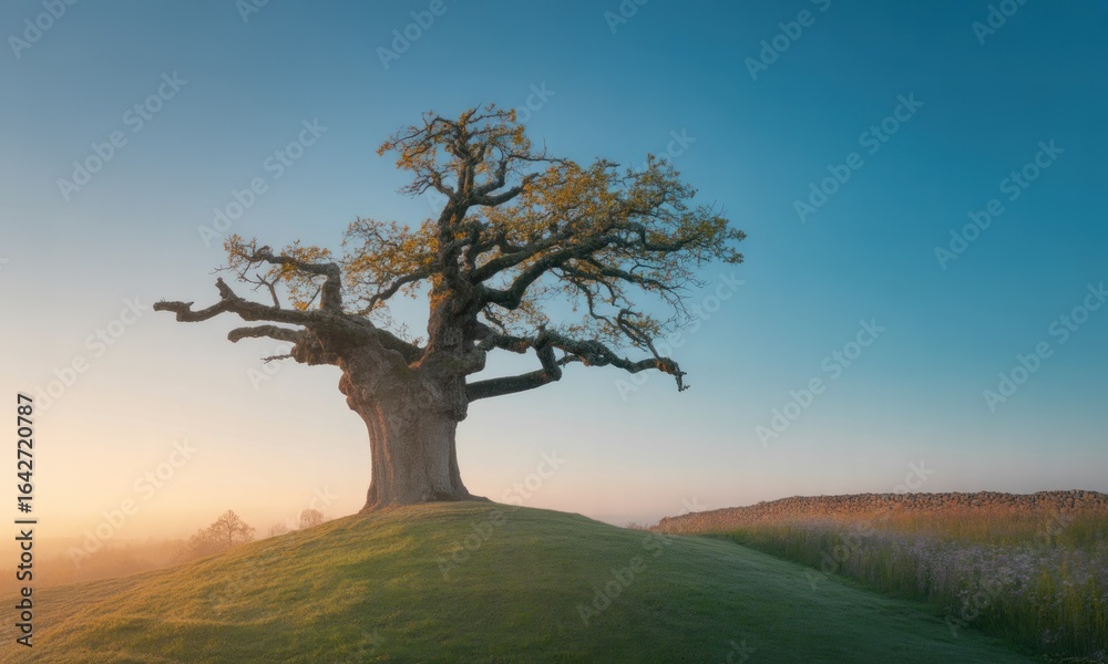 Obraz premium Solitary tree on hill against soft morning sky, bathed in gentle light