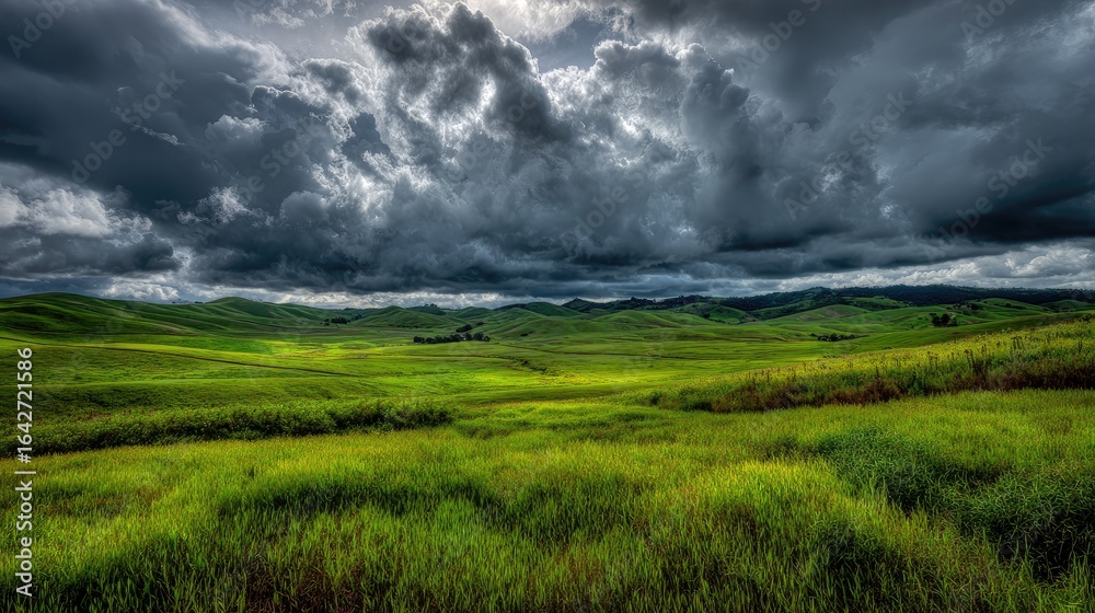 Obraz premium Vast green field under dramatic clouds