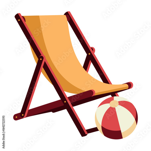 Orange beach chair with a striped beach ball on a white background