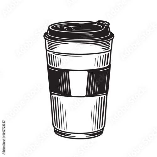 Black and white hand drawn coffee cup with lid and insulated paper sleeve