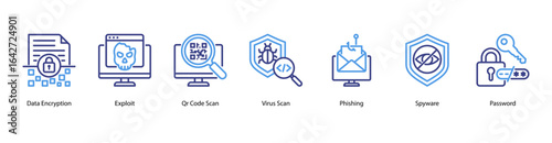 Data Fortress web banner icon vector illustration featuring Data Encryption, Exploit, QR Code Scan, Virus Scan, Phishing, Spyware, and Password.