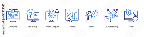 Digital Intrusion web banner icon vector illustration featuring Cybercrime, Data Backup, Infected Computer, Backdoor, Coding, Database Security, and Threat.