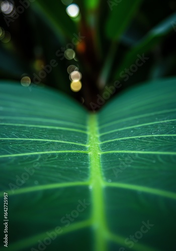 Close-up of Green Leaf with Detailed Veins and Dew Drops in Natural Light