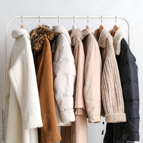 A clothing rack displays a variety of winter coats in neutral earth tones