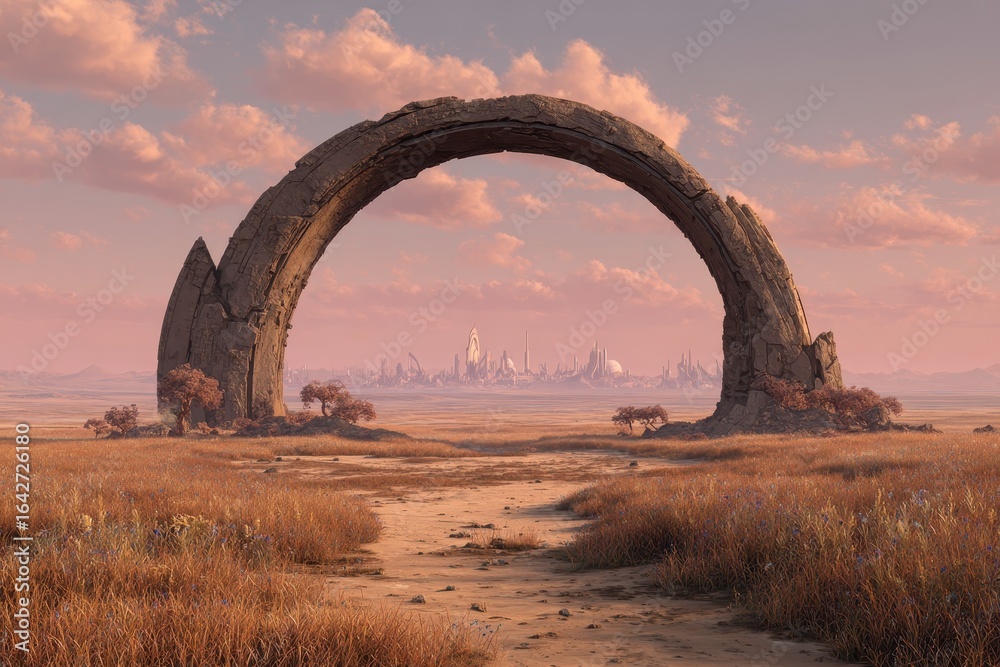 Fototapeta premium Futuristic Cityscape Through Stone Archway in Golden Field at Sunset