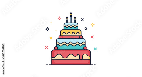 Multi tiered birthday cake celebration with candles and sparkles