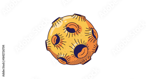 Whimsical illustration of a textured asteroid with craters in space