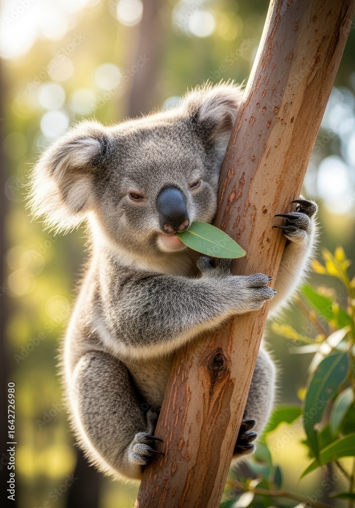 Fototapeta premium A cute koala eating a eucalyptus leaf while clinging to a tree in a sunny forest.