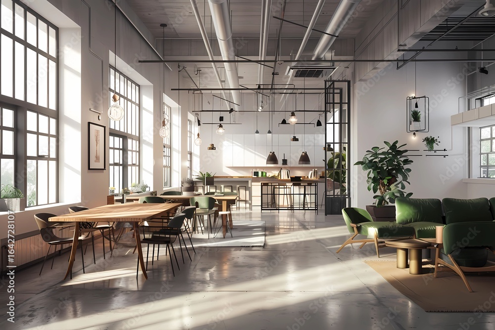Design an open space office with large wooden tables and chairs Design an open space office with large wooden tables and chairs