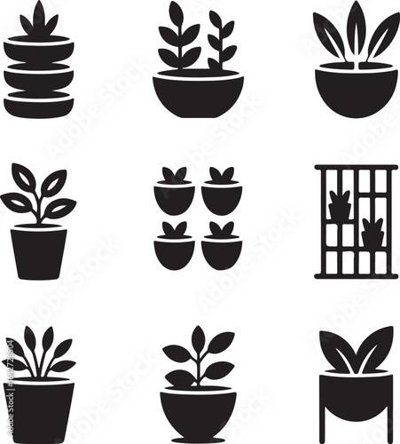 houseplant, indoor, plant, potted, greenery, home, decor, urban, jungle, office, plant, simple, minimal, icon, set, vector