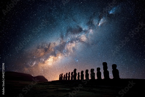 Moai Statues Silhouette Under the Milky Way Galaxy at Easter Island