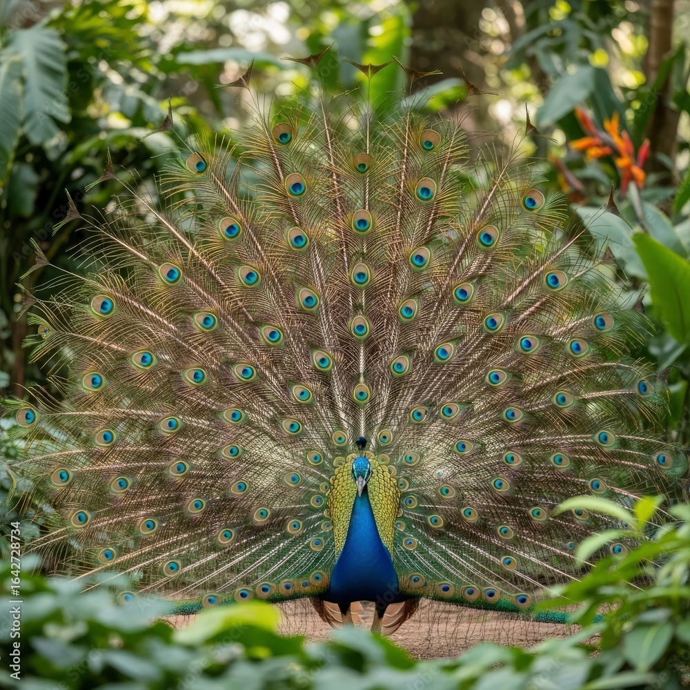 Obraz premium Majestic peacock displaying its vibrant feathers in a lush tropical garden.