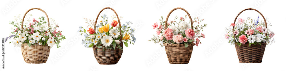 Obraz premium Floral Baskets with Flowers Collection Isolated on White