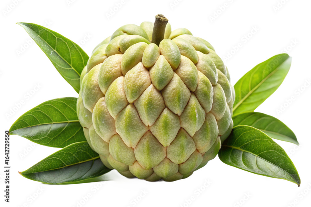 Fototapeta premium Custard apple fruit with green leaves on a black background