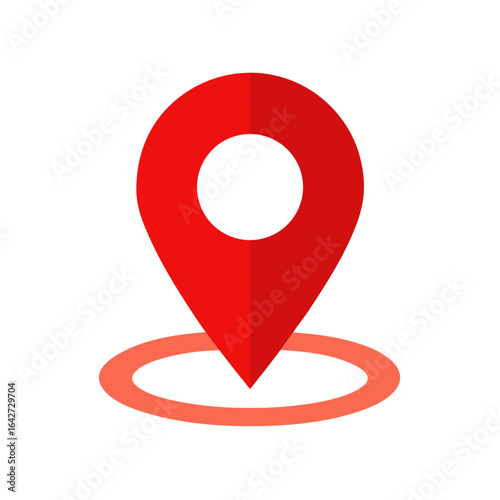 Red location pin icon with a white circle on a black background