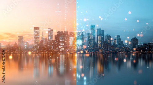 Cityscape transformation urban reflection skyline photography evening serenity futuristic ambiance