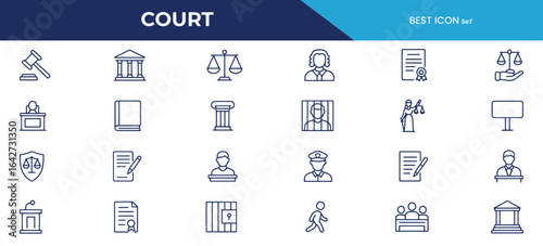 Court Line Icons Pack – Legal and Justice Outline Icons for Lawyers, Law Firms, and Courtroom Design Projects