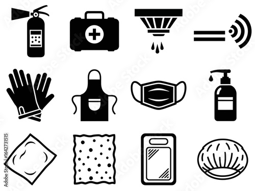 A versatile set of monochrome glyph icons for workplace safety, emergency, and public hygiene.