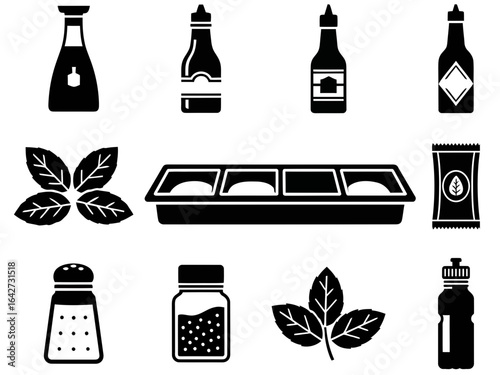 Monochrome icon set of culinary condiments, including sauce bottles, spice shakers, and herbs