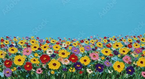 Colorful flower field under blue sky. Abstract art oil painting of summer-spring flowers. Meadow landscape with wildflowers.