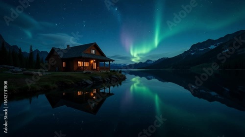 Cozy cabin by tranquil lake under stunning aurora borealis and starry night sky reflection. AI generative video