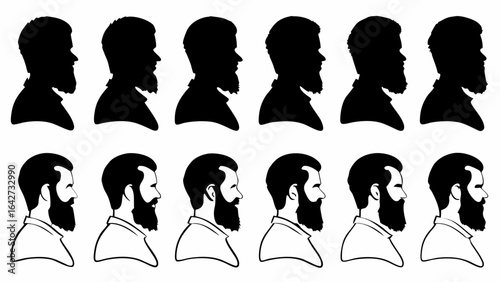 Silhouettes and line art profiles of bearded men in two rows against a white background are shown