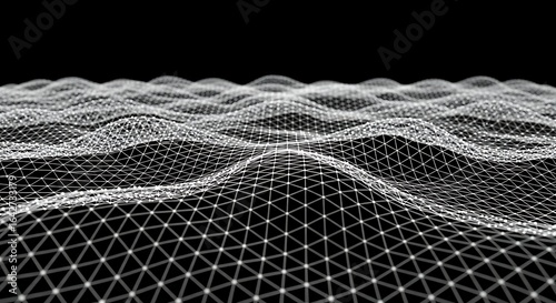 Abstract digital network grid with glowing nodes and lines forming a futuristic landscape, representing data and connection