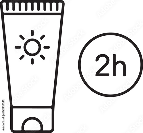 Sunscreen tube with sun icon and two hour protection symbol
