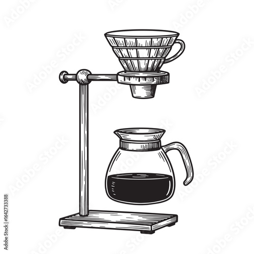 Hand drawn vintage coffee pour over brewing process black and white illustration