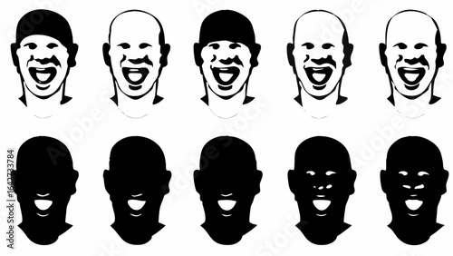 Illustration showing a group of stylized faces with exaggerated features expressing laughter and joy in rows