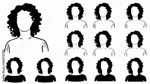 Collection of eleven black and white faceless portraits with curly hair and different necklines