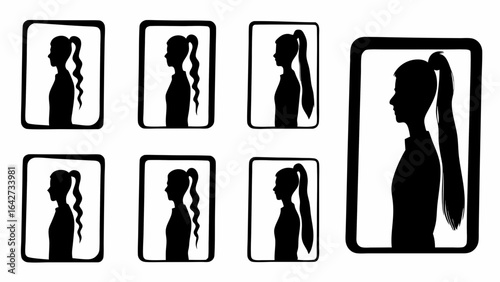 Silhouettes of women with ponytails in frames showing different hair styles and lengths in black and white