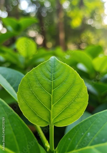 Fresh Green Leaf in Sunlit Forest Environment