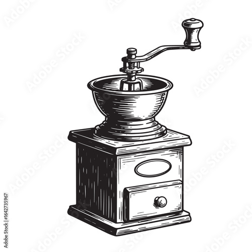 Vintage coffee grinder hand drawn illustration showing detailed lines and textures