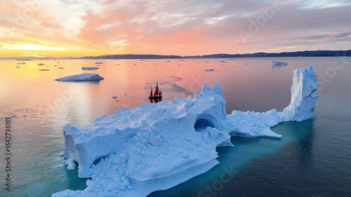 Little red sailboat cruising among floating icebergs in Disko Bay glacier during midnight sun season of polar summer. Ilulissat, Greenland. Global warming and melting glaciers.