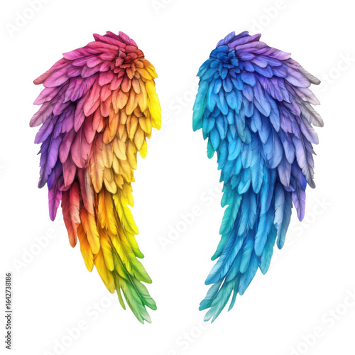 Vibrant rainbow angel wings isolated on transparent background