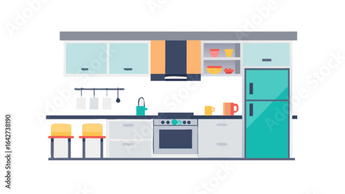 Modern kitchen interior design with cabinets refrigerator and oven for culinary inspiration and home decor ideas