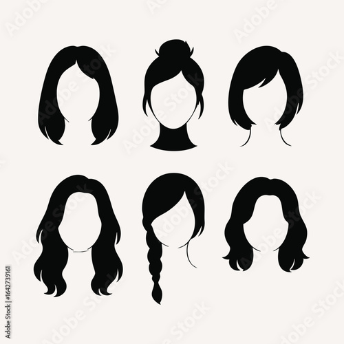 Women hairstyle silhouette set vector. Collection of six female haircuts in black and white. Long hair, bun, bob, wavy, braid, and curly styles for beauty, fashion, and salon design