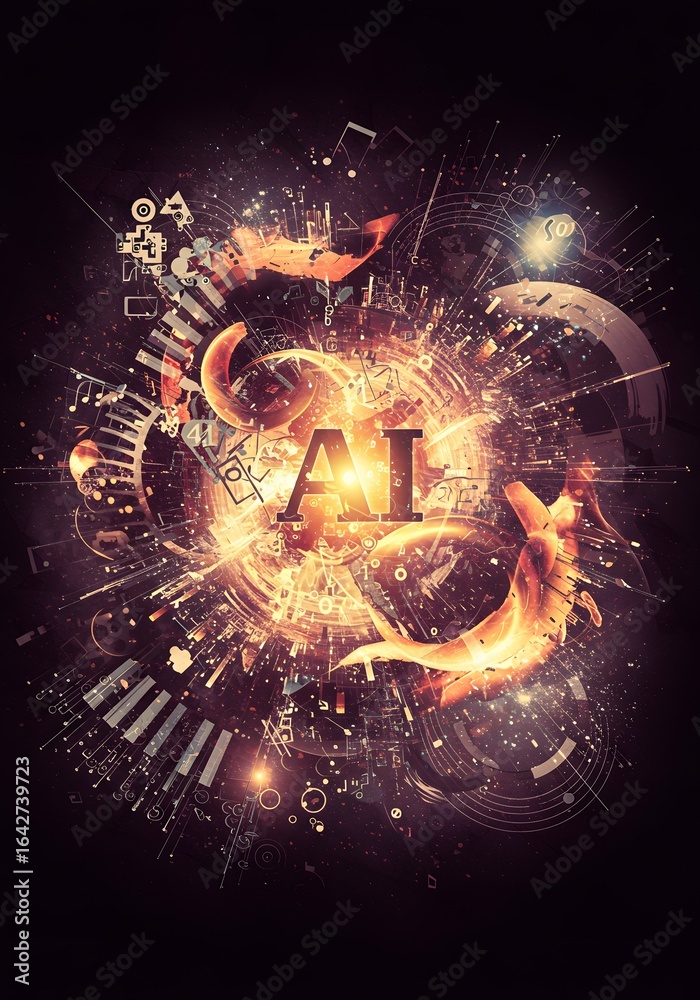 Fototapeta premium Artificial intelligence logo glows amidst a complex network of digital data particles and abstract futuristic connectivity patterns.