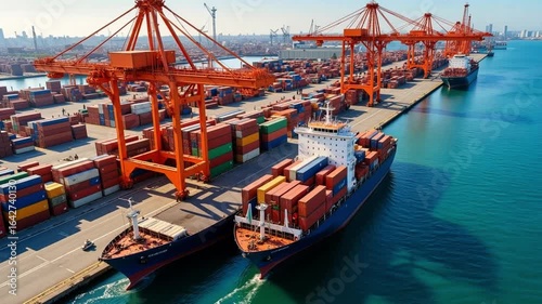 Massive container ships docked at a busy port with towering cranes loading cargo under a clear blue sky. AI generative video